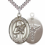 Men's Pewter Oval Saint Agatha Oval Medal with Caduceus - 24" 2.4mm Rhodium Plate Chain + Clasp