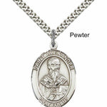 Men's Pewter Oval St. Alexander Sauli Medal - 24" 2.4mm Rhodium Plate Chain + Clasp