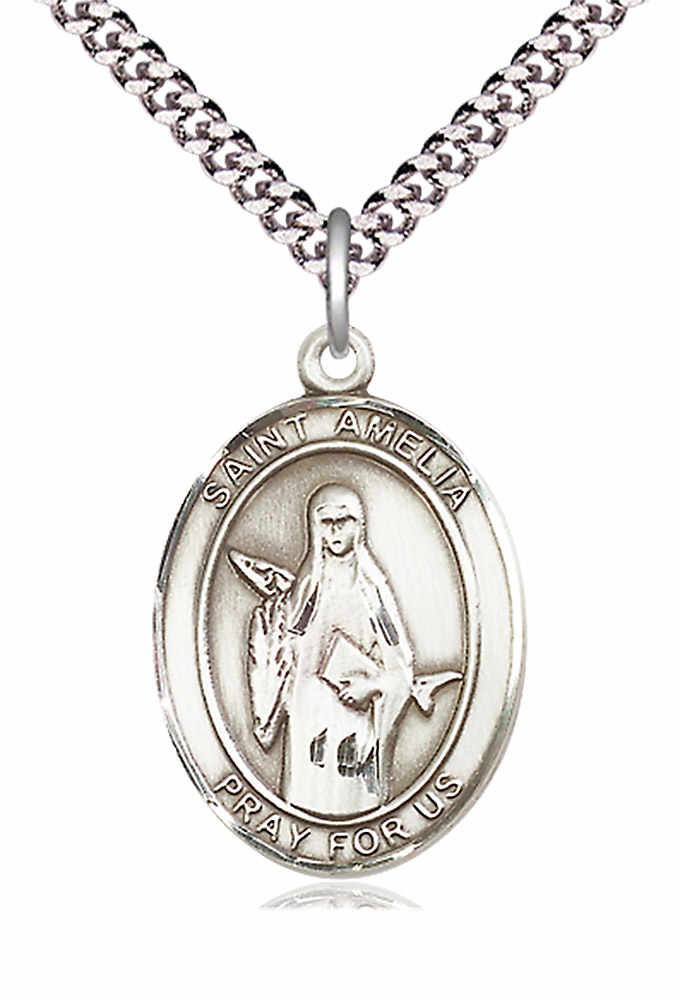 Men's Pewter Oval St. Amelia Medal - 24" 2.4mm Rhodium Plate Chain + Clasp