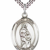 Men's Pewter Oval St. Anne Medal - 24" 2.4mm Rhodium Plate Chain + Clasp