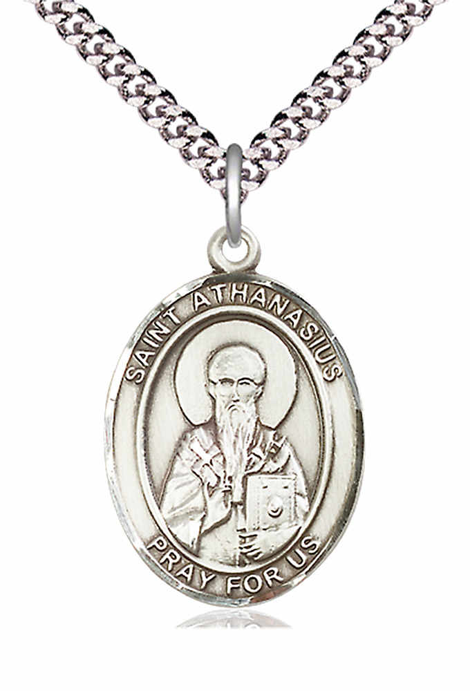 Men's Pewter Oval St. Athanasius Medal - 24" 2.4mm Rhodium Plate Chain + Clasp