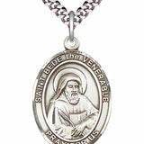 Men's Pewter Oval St. Bede the Venerable Medal - 24" 2.4mm Rhodium Plate Chain + Clasp