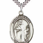 Men's Pewter Oval St. Brendan the Navigator Medal - 24" 2.4mm Rhodium Plate Chain + Clasp