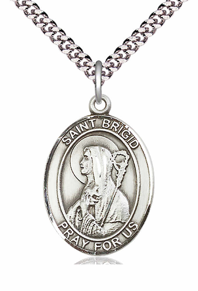 Men's Pewter Oval St. Brigid of Ireland Medal - 24" 2.4mm Rhodium Plate Chain + Clasp