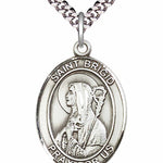 Men's Pewter Oval St. Brigid of Ireland Medal - 24" 2.4mm Rhodium Plate Chain + Clasp
