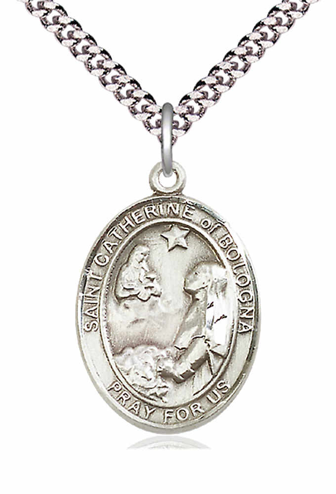 Men's Pewter Oval St. Catherine of Bologna Medal - 24" 2.4mm Rhodium Plate Chain + Clasp