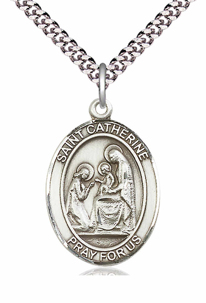 Men's Pewter Oval St. Catherine of Siena Medal - 24" 2.4mm Rhodium Plate Chain + Clasp