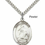 Men's Pewter Oval St. Charles Borromeo Medal - 24" 2.4mm Rhodium Plate Chain + Clasp