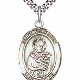 Men's Pewter Oval St. Christian Demosthenes Medal - 24" 2.4mm Rhodium Plate Chain + Clasp