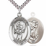 Men's Pewter Oval St. Christopher Baseball Medal - 24" 2.4mm Rhodium Plate Chain + Clasp