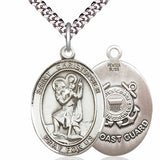 Men's Pewter Oval St. Christopher Coast Guard Medal - 24" 2.4mm Rhodium Plate Chain + Clasp