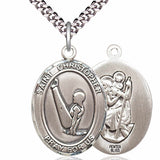 Men's Pewter Oval St. Christopher Gymnastics Medal - 24" 2.4mm Rhodium Plate Chain + Clasp