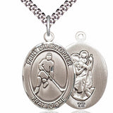 Men's Pewter Oval St. Christopher Ice Hockey Medal - 24" 2.4mm Rhodium Plate Chain + Clasp