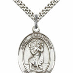 Men's Pewter Oval St. Christopher Medal - 24" 2.4mm Rhodium Plate Chain + Clasp