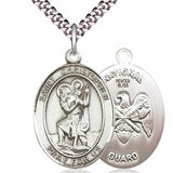 Men's Pewter Oval St. Christopher National Guard Medal - 24" 2.4mm Rhodium Plate Chain + Clasp