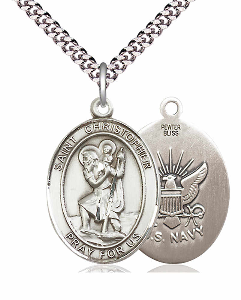 Men's Pewter Oval St. Christopher Navy Medal - 24" 2.4mm Rhodium Plate Chain + Clasp