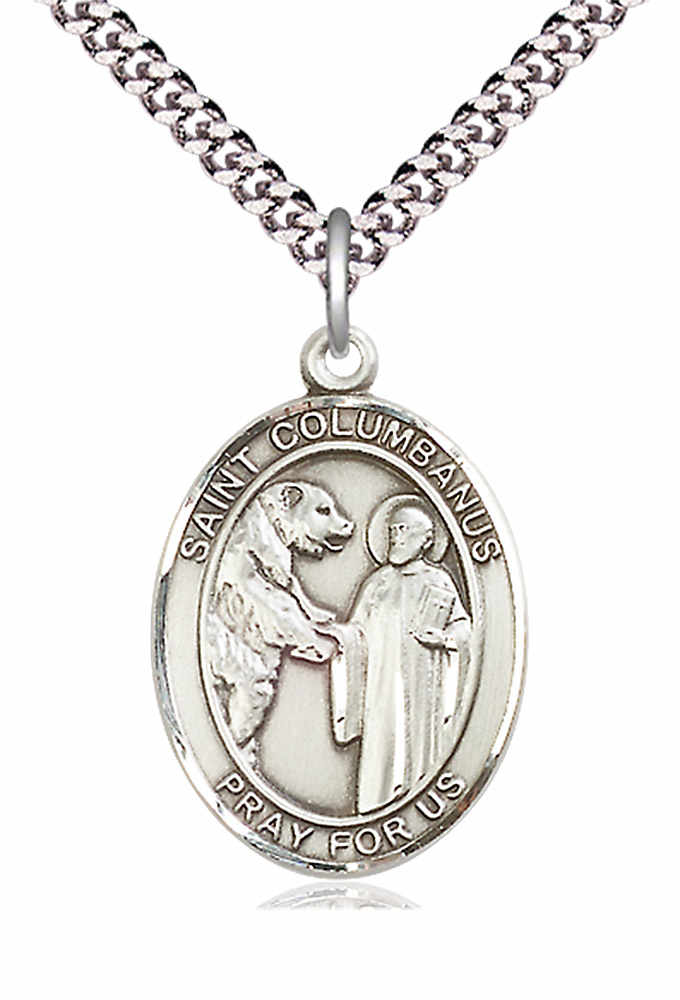 Men's Pewter Oval St. Columbanus Medal - 24" 2.4mm Rhodium Plate Chain + Clasp