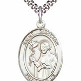 Men's Pewter Oval St. Dunstan Medal - 24" 2.4mm Rhodium Plate Chain + Clasp