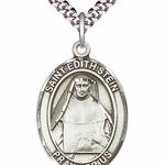 Men's Pewter Oval St. Edith Stein Medal - 24" 2.4mm Rhodium Plate Chain + Clasp