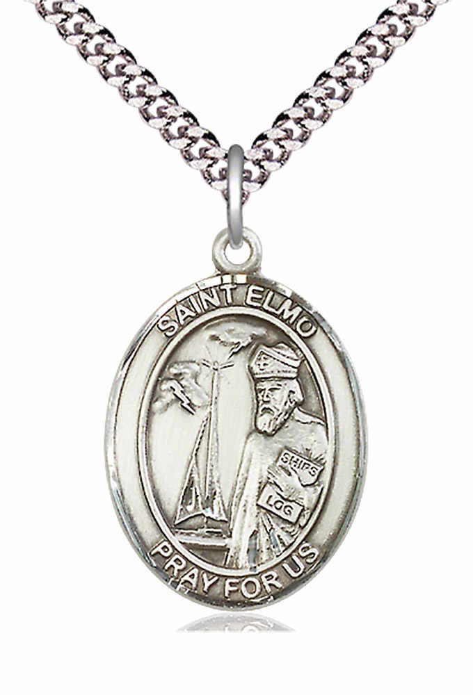 Men's Pewter Oval St. Elmo Medal - 24" 2.4mm Rhodium Plate Chain + Clasp