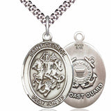 Men's Pewter Oval St. George Coast Guard Medal - 24" 2.4mm Rhodium Plate Chain + Clasp