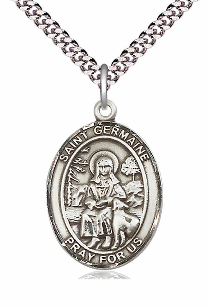 Men's Pewter Oval St. Germaine Cousin Medal - 24" 2.4mm Rhodium Plate Chain + Clasp