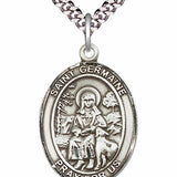 Men's Pewter Oval St. Germaine Cousin Medal - 24" 2.4mm Rhodium Plate Chain + Clasp