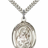 Men's Pewter Oval St. Gertrude of Nivelles Medal - 24" 2.4mm Rhodium Plate Chain + Clasp
