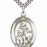 Men's Pewter Oval St. Giles Medal - 24" 2.4mm Rhodium Plate Chain + Clasp