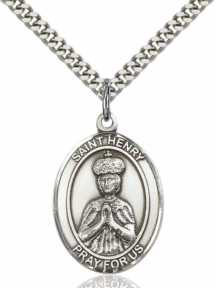 Men's Pewter Oval St. Henry II Medal - 24" 2.4mm Rhodium Plate Chain + Clasp