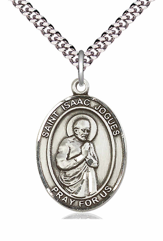 Men's Pewter Oval St. Isaac Jogues Medal - 24" 2.4mm Rhodium Plate Chain + Clasp