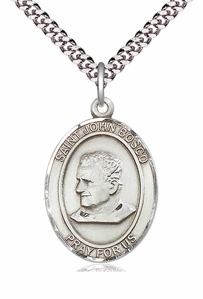 Men's Pewter Oval St. John Bosco Medal - 24" 2.4mm Rhodium Plate Chain + Clasp