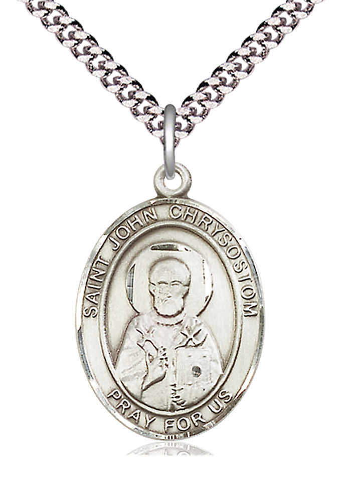 Men's Pewter Oval St. John Chrysostom Medal - 24" 2.4mm Rhodium Plate Chain + Clasp