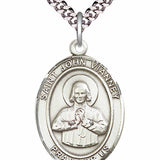 Men's Pewter Oval St. John Vianney Medal - 24" 2.4mm Rhodium Plate Chain + Clasp