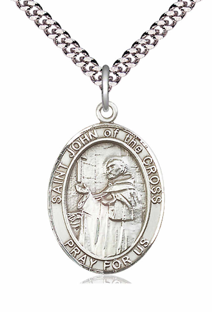 Men's Pewter Oval St. John of the Cross Medal - 24" 2.4mm Rhodium Plate Chain + Clasp