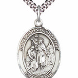 Men's Pewter Oval St. John the Baptist Medal - 24" 2.4mm Rhodium Plate Chain + Clasp