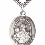 Men's Pewter Oval St. Joseph Medal - 24" 2.4mm Rhodium Plate Chain + Clasp