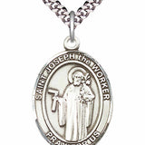 Men's Pewter Oval St. Joseph the Worker Medal - 24" 2.4mm Rhodium Plate Chain + Clasp