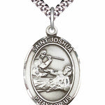 Men's Pewter Oval St. Joshua Medal - 24" 2.4mm Rhodium Plate Chain + Clasp