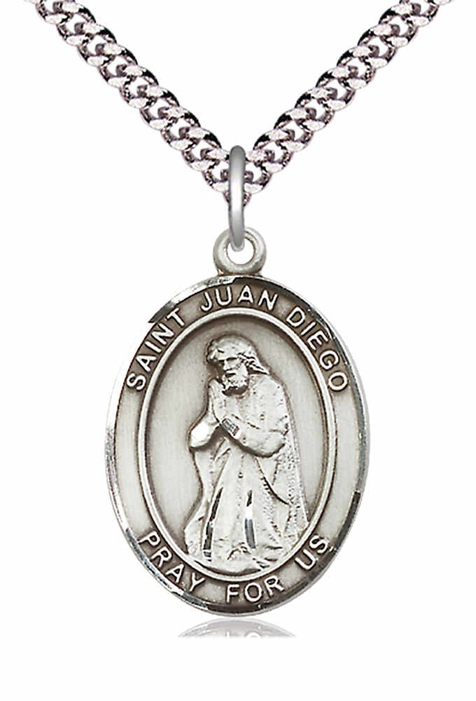 Men's Pewter Oval St. Juan Diego Medal - 24" 2.4mm Rhodium Plate Chain + Clasp
