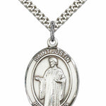 Men's Pewter Oval St. Justin Medal - 24" 2.4mm Rhodium Plate Chain + Clasp