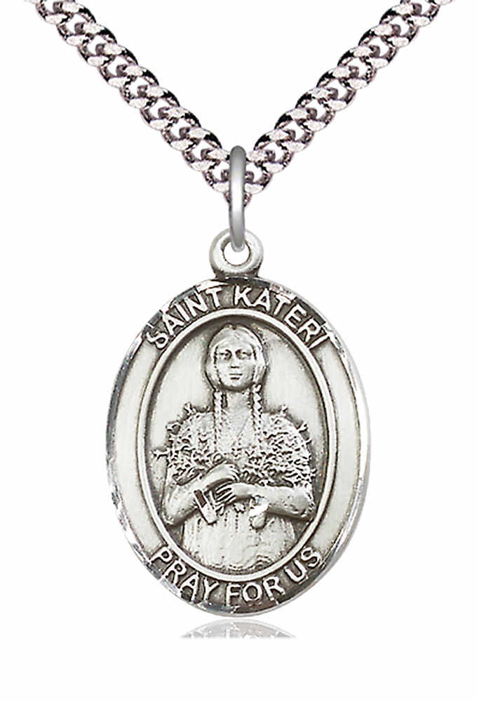 Men's Pewter Oval St. Kateri Medal - 24" 2.4mm Rhodium Plate Chain + Clasp