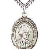 Men's Pewter Oval St. Louis Marie De Montfort Medal - 24" 2.4mm Rhodium Plate Chain + Clasp