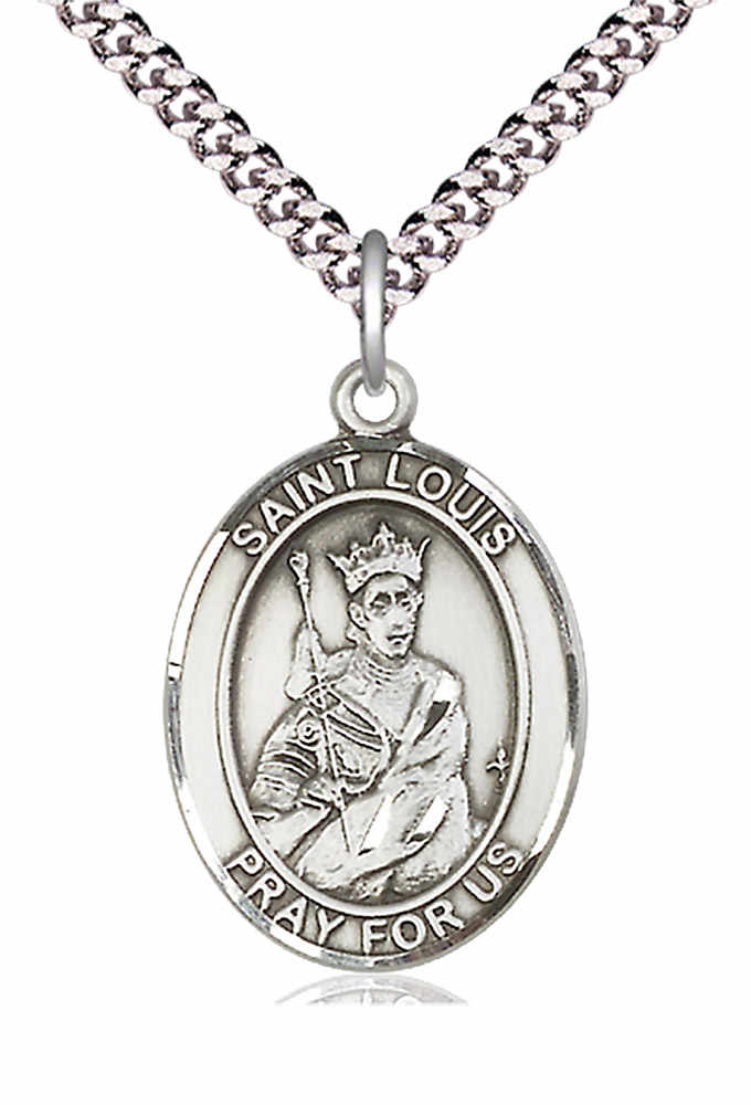 Men's Pewter Oval St. Louis Medal - 24" 2.4mm Rhodium Plate Chain + Clasp