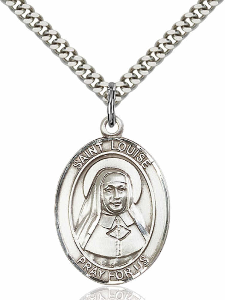 Men's Pewter Oval St. Louise De Marillac Medal - 24" 2.4mm Rhodium Plate Chain + Clasp