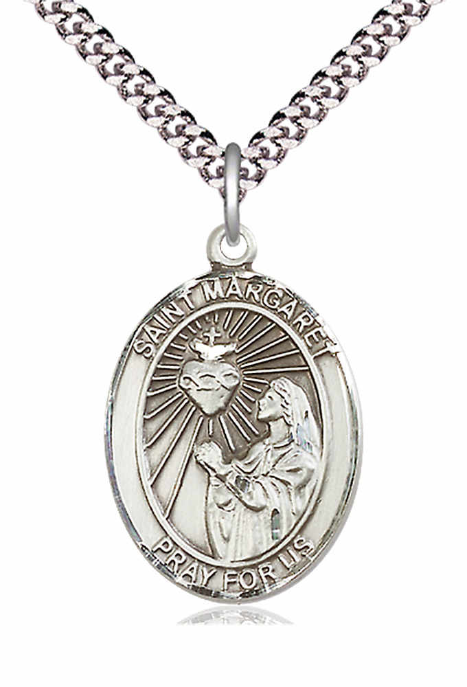 Men's Pewter Oval St. Margaret Mary Alacoque Medal - 24" 2.4mm Rhodium Plate Chain + Clasp