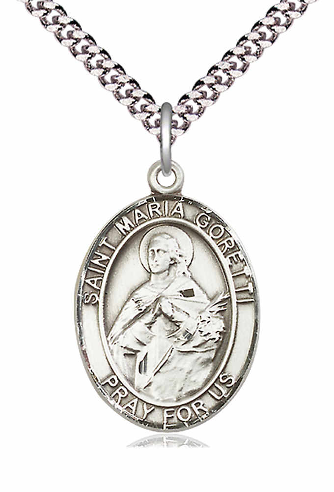 Men's Pewter Oval St. Maria Goretti Medal - 24" 2.4mm Rhodium Plate Chain + Clasp