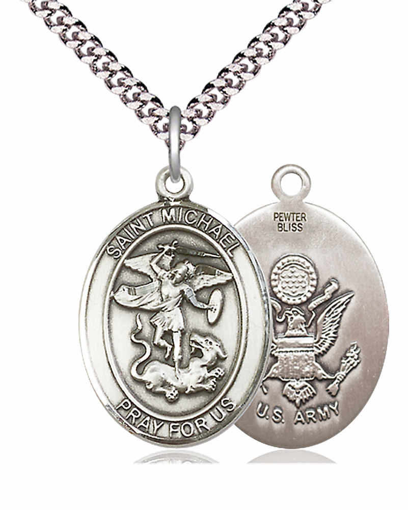 Men's Pewter Oval St. Michael Army Medal - 24" 2.4mm Rhodium Plate Chain + Clasp