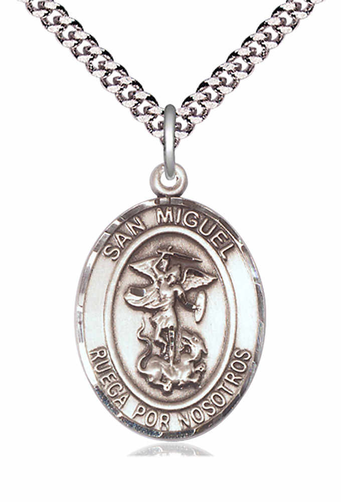 Men's Pewter Oval St. Michael the Archangel Medal - 24" 2.4mm Rhodium Plate Chain + Clasp