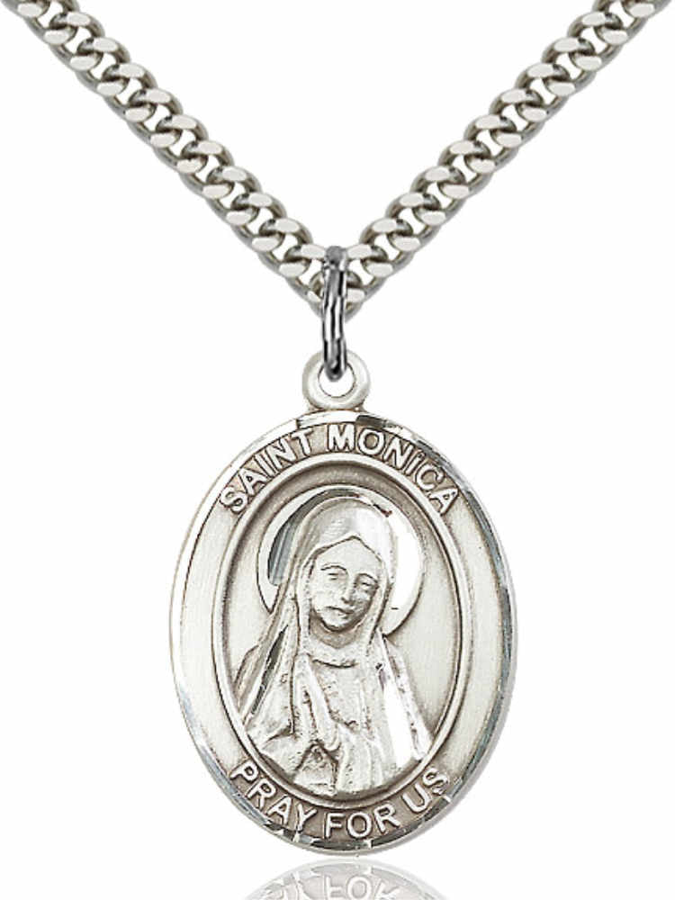 Men's Pewter Oval St. Monica Medal - 24" 2.4mm Rhodium Plate Chain + Clasp